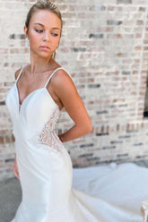 White V-Neck Beading Trumpet Long Wedding Dress